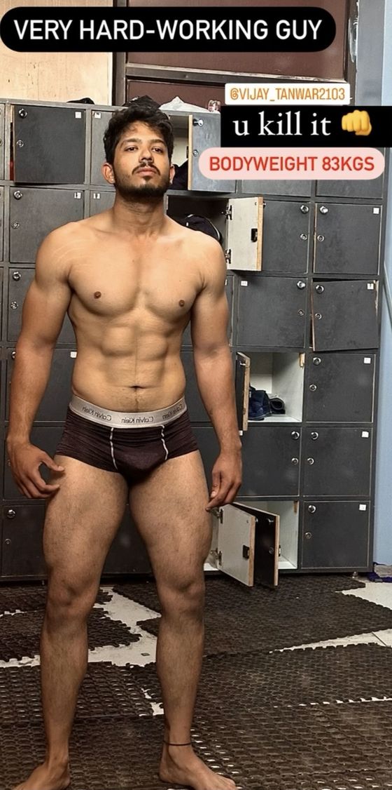 Vijay after three months, body weight 83 kg, with visible abs and more muscle